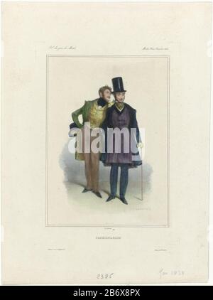 Journal des Gens du Monde, Modes Paris, janvier 1834 Fashionables Zwei modische Männer. Beide mit FAS, Strickjacke und Strumpfhose bekleidet. Geknotete Krawalle. Zubehör: Hut, Handschuhe, Gehstock. Drucken Sie das Modemagazin Journal des Gens du Monde aus (6. Dezember von 18-Mai 1834) . Hersteller: Druckmaschine: Anonym zur Zeichnung: Paul Gavarni (denkmalgeschütztes Gebäude) Herausgeber: Paul Gavarnidrukker: Bernard (denkmalgeschütztes Gebäude) Datum: 1834 Physikalische Merkmale: Lithographie , handfarbenes Material: Papiertechnik: Lithographie (Technik) / Handfarbenmessungen: Blatt: H 292 mm × W 215 mm Betreff: Hose, Breec Stockfoto