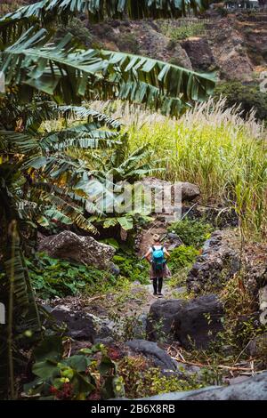 Frauen wandern den üppigen Canyon voller exotischer Vegetation. Viele tropische Obstbäume, Zuckerrohr wächst an den Berghängen auf Santo Antao isl Stockfoto