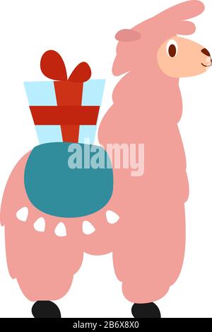 Llama mit Geschenk, Illustration, Vektor auf weißem Hintergrund. Stock Vektor