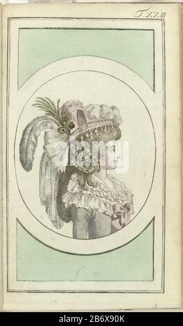 Journal des Luxus und der Moden, Band I, T 23 Female Bust Right in a grey 'Juste' with a Pink Bow on the Chest. Garnierte Fikhu aus weißem Leinen. Ein moderner Stil von Monsieur Depain und 'Pouf' Demoiselle Roussaud, beide in Paris tätig. Die Kapsel besteht aus Reihen starrer Locken ha auf beiden Seiten aus zwei lockeren Locken, die auf die Brust fallen. Von hinten ein flacher Chignon. Der Beutel aus weißer Spitze mit einem rosafarbenen Band, einer rosafarbenen und weißen Feder, einem Schleier und einem Egrett aus Pfauenfedern. Drucken Sie das von Friedrich Justin Bertuch und Georg Me herausgegebene Modemagazin Journal des Luxus und der Moden aus Stockfoto