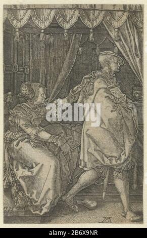 Jozef en de vrouw van Potifar Geschiedenis van Jozef (serietitel) Joseph im Schlafzimmer, läuft weg von Potiphars Frau. Es greift seinen Mantelbiss auf. Zweites Dreierbild mit der Geschichte von Jozef. Hersteller : Druckerei-Hersteller Heinrich Aldegrever (denkmalgeschütztes Gebäude) in seiner Gestaltung: Heinrich AldegreverPlaats Herstellung: Deutschland Datum: 1532 Physikalische Merkmale: Fahrzeugmaterial: Papiertechnik: Engra (Druckverfahren) Abmessungen: Blatt: H 117 mm × W 75 mm Betreff: Potiphars Frau fängt Joseph mit seiner Robe Benthisch, normalerweise im Bett liegend; Joseph entkommt lea hinter seinem Mantel in den Händen (möglicherweise w Stockfoto