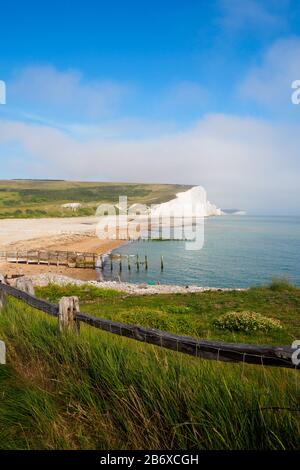 Blick auf einen Pfad, der tagsüber zu den Seven Sisters Chalk Cliffs an der Küste von Sussex in Südengland führt Stockfoto