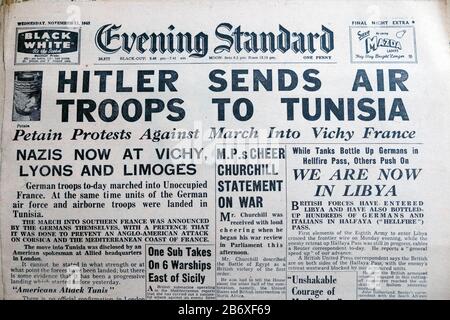 "Hitler Schickt Lufttrupps nach Tunesia" Abend Standard 2. Weltkrieg britische Zeitung Überschrift auf der Titelseite in London England Großbritannien 11. November 1942 Stockfoto