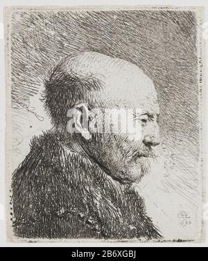 Kaalhoofdige oude man profiel naar rechts rechts rechts rechts rechts rechts rechts neben dem Alten Mann von Rembrandt (?): Bild-Artikelnummer: RP-P-ob-592Catalogusreferentie: New Hollstein Dutch 62-5 (5) Bartsch 292-3 (3) Anmerkung 4 (294) Hollstein (Hollstein) Beschriftung: Hollstein) Brand, verso unten rechts 'RHL 1630'opschrift, hinten links, Stift in braun:' 12' Hersteller: Druckmaschine Rembrandt van Rijn (denkmalgeschütztes Gebäude) in seiner Gestaltung: Rembrandt Rhein Datum: 1630 Physikalische Merkmale: Ätzmaterial: Papiertechnik: Radierung, Maße: 69 mm × h 58 b Stockfoto