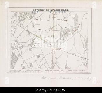 Kaart traf sich mit de posities van de troepen bij Quatre-Bras, 1815 Gevecht bij Quatre-Bras (titel op object) Karte, die die Position der Truppen vor der Schlacht von Quatre-Bras, 16. Juni 1815, auf den unteren vier Schaalstokken zeigt. Hersteller: Druckmaschine: TZ Keikes (denkmalgeschütztes Gebäude) Drucker: Gerard Tjaard Nicholas Suringar (denkmalgeschütztes Eigentum) Ort Herstellung: Druckmaschine: Niederlande Herausgeber: Leeuwarden Datum: 1.82-1856 Physische Merkmale: Lithographisches Material: Papiertechnik: Lithographie (Technik) Abmessungen: Blatt: H 342 mm × W 395 mmToeltingGebruikt als Illustration in John Bosscha, Hollscha Stockfoto