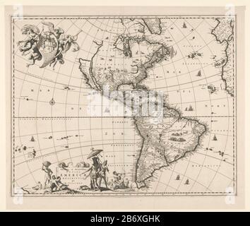 Kaart van Amerika Novissima et accuratissima totius Americae descriptio (titel op object) Karte Nord- und Südamerikas. Schiffe auf dem Meer, in Bergen, in Bäumen, Tieren, Menschen und Gebäuden zogen auf das Land. Unten links Kartusche mit Titel, Schlangen, Anwohnern und einem lokalen Prinz, die sich mit besonderen lokalen Aktivitäten beschäftigen. Oben links die Arbeit beim Amsterdamer Bürgermeister Cornelis Witsen und Gouverneur der WIC, mit Mantel und Helm, getragen von drei Engeln und Indiaan. Hersteller: Druckmaschine: Gerrit Lucasz Schagen Verlag: Nicolaes Visscher (I) (denkmalgeschütztes Gebäude) Verlag: Nicolaes Visscher (II) (Liste Stockfoto