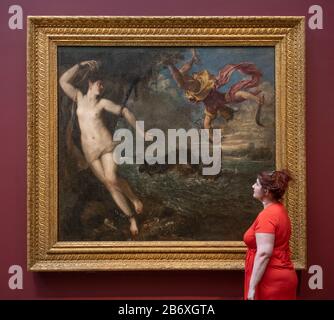 Die National Gallery, London, Großbritannien. März 2020. Titian: Love Desire Death, eine große Ausstellung, die Tizians kompletten Zyklus von Gemälden, bekannt als die poesie, vereint und zum ersten Mal seit dem späten 16. Jahrhundert von griechischen Mythen inspiriert wurde. Bild: Tizians Perseus und Andromeda, um 1554-6. Mit freundlicher Genehmigung der Treuhänder der Wallace Collection, London. Nach Abschluss der Coronavirus-Sperre öffnet die Ausstellung Tizian: Love, Desire, Death am 8. Juli 2020 und wird bis zum 17. Januar 2021 verlängert. Quelle: Malcolm Park/Alamy Live News. Stockfoto