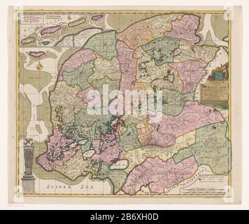 Kaart van Friesland Frisiae Dominium Vernacule Friesland (titel op object) oben links Einsatzplan von Vlieland, Terschelling, Ameland und Schiermonnikoog, mit zwei Schalenstöcken: Duitze meil 15 in einem Grad Ligen 20 Stunden in einem Grad. Links unten das Bild der Statue des Steinmetzes in Harlingen. Rechts Central Titelkartusche, die von den Armen Frieslands überragt wurde. Unten rechts Schlüssel und Maßstab zwei Pole: Böse Deutsche meilen 15 in einem Grad Liga Uhr alle 1200 Königsstangen. Gradverteilung entlang der randen. Hersteller : Druckmaschine: Anonymer Herausgeber: Peter Schenk (I) (denkmalgeschütztes Gebäude) provid Stockfoto