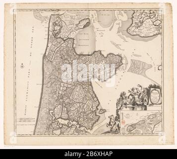 Kaart van Noord-Holland en een deel van Friesland Hollandiae septentrionalis & Frisiae occidentalis accuratissima delineatio (titel op object) Unten links zwei Pole Skala: Milli Aria Germanica COMMUNIA / Duytsche Mylen 15 in einen Knochen; Milli Aria Gallica COMMUNIA / France clock Leagues. Direkt Unter dem Titel Kartusche umgeben von verschiedenen Figuren, Wo: Unter einem Mann mit Pferd, Satyrs, Putti nimmt Merkur Cornucopia eine Frauenfigur und einen flussgott. Unter einer Einsatzkarte aus dem Wattenmeergebiet mit Maßstabsleiste: Böse Duytsche Ligen. Gradverteilung entlang der Rand Stockfoto