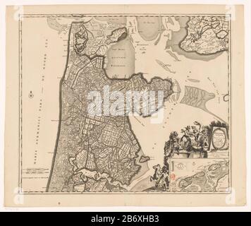 Kaart van Noord-Holland en een deel van Friesland Hollandiae septentrionalis & Frisiae occidentalis accuratissima delineatio (titel op object) Unten links zwei Pole Skala: Milli Aria Germanica COMMUNIA / Duytsche Mylen 15 in einen Knochen; Milli Aria Gallica COMMUNIA / France clock Leagues. Direkt Unter dem Titel Kartusche umgeben von verschiedenen Figuren, Wo: Unter einem Mann mit Pferd, Satyrs, Putti nimmt Merkur Cornucopia eine Frauenfigur und einen flussgott. Unter einer Einsatzkarte aus dem Wattenmeergebiet mit Maßstabsleiste: Böse Duytsche Ligen. Gradverteilung entlang der Rand Stockfoto