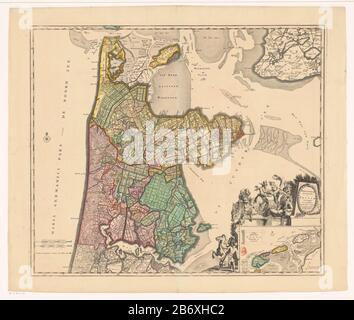 Kaart van Noord-Holland en een deel van Friesland Hollandiae septentrionalis & Frisiae occidentalis accuratissima delineatio (titel op object) Unten links zwei Pole Skala: Milli Aria Germanica COMMUNIA / Duytsche Mylen 15 in einen Knochen; Milli Aria Gallica COMMUNIA / France clock Leagues. Direkt Unter dem Titel Kartusche umgeben von verschiedenen Figuren, Wo: Unter einem Mann mit Pferd, Satyrs, Putti nimmt Merkur Cornucopia eine Frauenfigur und einen flussgott. Unter einer Einsatzkarte aus dem Wattenmeergebiet mit Maßstabsleiste: Böse Duytsche Ligen. Gradverteilung entlang der Rand Stockfoto