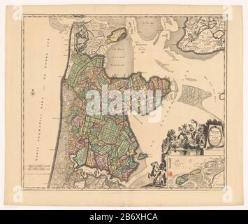 Kaart van Noord-Holland en een deel van Friesland Hollandiae septentrionalis & Frisiae occidentalis accuratissima delineatio (titel op object) Unten links zwei Pole Skala: Milli Aria Germanica COMMUNIA / Duytsche Mylen 15 in einen Knochen; Milli Aria Gallica COMMUNIA / France clock Leagues. Direkt Unter dem Titel Kartusche umgeben von verschiedenen Figuren, Wo: Unter einem Mann mit Pferd, Satyrs, Putti nimmt Merkur Cornucopia eine Frauenfigur und einen flussgott. Unter einer Einsatzkarte aus dem Wattenmeergebiet mit Maßstabsleiste: Böse Duytsche Ligen. Gradverteilung entlang der Rand Stockfoto