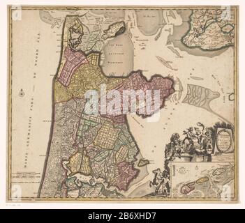 Kaart van Noord-Holland en een deel van Friesland Hollandiae septentrionalis & Frisiae occidentalis accuratissima delineatio (titel op object) Unten links zwei Pole Skala: Milli Aria Germanica COMMUNIA / Duytsche Mylen 15 in einen Knochen; Milli Aria Gallica COMMUNIA / France clock Leagues. Direkt Unter dem Titel Kartusche umgeben von verschiedenen Figuren, Wo: Unter einem Mann mit Pferd, Satyrs, Putti nimmt Merkur Cornucopia eine Frauenfigur und einen flussgott. Unter einer Einsatzkarte aus dem Wattenmeergebiet mit Maßstabsleiste: Böse Duytsche Ligen. Gradverteilung entlang der Rand Stockfoto