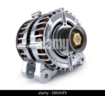 Autogenerator auf weißem Hintergrund. 3D-Abbildung Stockfoto