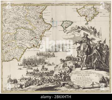 Kaart van Spanje en Portugal, Ca 1703 Theatre de la Gurerre en Espagne et en Portugal (titel op object) Karte von Spanien und Portugal, ca. 1703Theatre de la Gurerre en Espagne et en Portugal (title object) Objekttyp: Picture Item Number: RP-P-ob-67,853Catalogusreferentie: FMH 3271Van Eeghen 3100-3 ( Beschreibung) Karte mit einem Teil der spanischen Ost- und Südküste. Komponente (Blatt rechts) einer großen Karte Spaniens und Portugals in vier Blättern, ca. 1703. Vignette mit König Karl III. Zu Pferd mit seiner Retinue, für ihn ein Spanier. Die Landung der alliierten Truppen in Spanien blieb aus. Die c Stockfoto