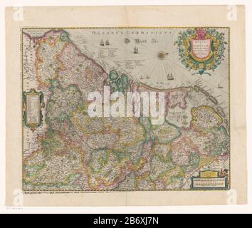 Kaart van de Nederlanden, 1631 Belgii sive Germaniae inferioris accuratissima tabula (titel op object) Hinterließ eine Kartusche mit einer Liste topografischer Informationen über jede Provinz. Rechts oben Titelkartusche in Form eines Schildes, umgeben von den Armen der Siebzehn Provinzen. Kartusche unten rechts mit Maßstabsleiste: Milli Aria Germanica COMMUNIA, Milli Aria Gallica COMMUNIA. Gradverteilung entlang der Kanten. Ausrichtung: Rechts Nord. Auf verso Französisch tekst. Hersteller : Druckmaschine: Henricus Hondius (denkmalgeschütztes Gebäude) Herausgeber: Henricus Hondius (denkmalgeschütztes Eigentum) Herstellung: AMS Stockfoto
