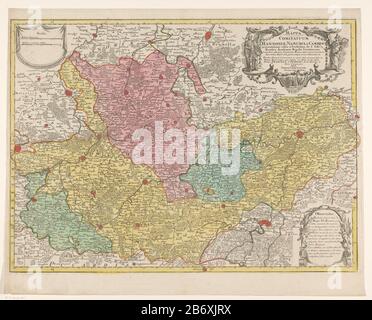 Kaart van de graafschappen Henegouwen en Namen en het aartsbisdom Kamerijk Mappa comitatuum Hannoniae, Namurci et Cameraci (titel op object) Karte der Grafschaften Hainault und Namur und des Erzstifts Cambrai. Rechts die Titelkartusche, in der Francois Fenelon von 1695 bis 1715 erwähnt wird, Erzbischof von Cambrai. Oben links eine Kartusche mit zwei Hüllenstöcken: 4 Milli Aria Hannoniae / 4 Milli Aria COMMUNIA Gallica. Rechts ein Textteil auf der Karte in lateinischer Sprache. Die Karte hat eine Gradverteilung entlang der randen. Hersteller: Druckmaschine: Anonymer Kartograf Guillaume Delisle (denkmalgeschütztes Gebäude) veröffentlicht Stockfoto