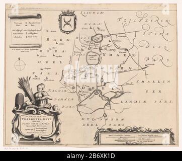 Kaart van de Grietenij Idaarderadeel De Grietenye van Ydaerdera-deel (titel op object) Top Left Key, auch Waffe von Idaarderadeel. Kartusche unten links mit Titel und administrativen Informationen über die Grietenij, die von einer weiblichen Figur mit Maisblättern überragt wird. Unten rechts Maßstab zwei Pole: Milliare Germanicum Kommune / A Nasty Duytsche Myle, Hora itineris - perticarum reg. 1400 / A uyre Gaens - 1400 Coninx roeden. Hersteller : Druckerhersteller Jacob van Meurs (möglich) Kartograf: Bernardus Schotanus à Sterringa (denkmalgeschütztes Gebäude) Kartograf Sjoerd Aetesz. Haacma (denkmalgeschütztes Gebäude) Carto Stockfoto