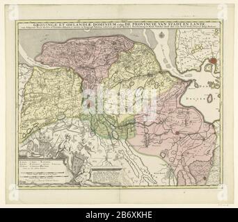 Kaart van de provincie Groningen et Omlandiae dominium vulgo de provincie van Stadt en Lande (titel op object) Karte der Provinz Groningen im Maßstab 1:128.000. Unten links eine Kartusche mit der Skalenlegende und zwei Polen: Böse Duytsche Ligen ab 15 in Graadt, böse Frankreichs Ligen staubige Stunden Ligen. Außerdem die Arme von Groningen, auf dem rechten Arm von Ludolph Tjarda Starkenburg unter einem Putto mit Harfe, begleitet von einer helmierten Frau und einem Mann (möglicherweise Minerva und Mars). Für Käse Groningen Waffe, Torf, Holzfass, ein Pferd und zwei Männer. Gradverteilung entlang der Stockfoto