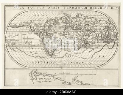 Kaart van de wereld met de reizen van Joris van Spilbergen en Jacob le Maire om de wereld, 1614-1617 Nova Totius Orbis Terrarum Descriptio (titel op object) Weltkarte, Wo: Sind auf den Reisen von Joris van Spilbergen und Jacob le Maire um die Welt von 1614 bis 1617 angegeben. Ein Detail der Nordküste Neuguineas. Teil der Illustrationen im Bericht der Reise Joris van Spilbergen um die Welt, 1614-1617, Nr. 1. Hersteller : Druckhersteller: Anonymer Standort Herstellung: Nordniederland Datum: 1617-1619 und/oder 1646 Physische Eigenschaften: Engra-Material: P Stockfoto