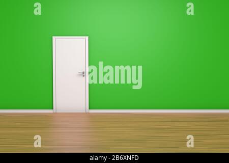 3D-Rendering, Raumkonzept, Vorderperspektive Ansicht der geschlossenen Tür mit grüner Wand im Innenbereich. Stockfoto