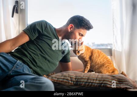 Der junge Mann küsst den Kopf einer Tabby-Katze, die auf einem Kissen unter dem Fenster sitzt Stockfoto