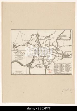 Belagerungen der Stadt Leiden in den Jahren 1573 bis 1574 durch die Spanier. Karte mit Stadtplan und Umgebung nach Leiderdorp und Uithoorn, mit allen Rampen in der Nähe. Hinterließ eine Kartusche mit dem Titel und Informationen über die Belagerung, rechts eine Kartusche mit der Legende 1-49 in Nederlands. Hersteller: Druckmaschine: Anonym zu entwerfen: Joost Jansz. Bilhamer (denkmalgeschütztes Gebäude) Herausgeber: Isaak Tirion (denkmalgeschütztes Eigentum) Ort Herstellung: Druckmaschine: Nordholländer Herausgeber: Amsterdam Datum: 1752 Material: Papiertechnik: Ätzung / Engra (Druckverfahren) Abmessungen: Plattenkante: H 189 mm Stockfoto