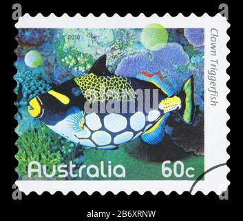 Australien - ca. 2010: Eine gebrauchte Briefmarke aus Australien, ein Bild von einem Clown Drückerfisch, ca. 2010. Stockfoto