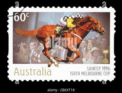 Australien - ca. 2010: einen Stempel in Australien gedruckten zeigt die Heilige, 1896 Sieger, 150 Melbourne Cup, ca. 2010 Stockfoto