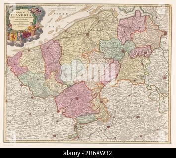 Kaart van het graafschap Vlaanderen Comitatus Flandriae in omnes ejusdem subjacentes Ditiones (titel op object) Karte der Grafschaft Flanderns. Oben links die Titelkartusche mit Putti und den Armen der Grafschaft Flanderns. Über der linken Seite der Mitte skalieren zwei Stöcke: 4 Milli Aria Germanica / 5 Milli Aria Gallica. Die Karte hat eine Gradverteilung entlang der randen. Hersteller : Druckmaschine: Anonymer Herausgeber: Johann Baptista Homann (Listed Property) Ort Herstellung: Nürnberg Datum: 1674 - 1724 Physikalische Merkmale: Ätzung und Engras, handfarbenes Material: Papiertechnik: Engra (prin Stockfoto