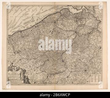 Kaart van het graafschap Vlaanderen Novissima et accuratissima comitatus Flandriae tabula, in quae (titel op object) Karte der Grafschaft Flanderns. Links unter dem Titel Kartusche mit dem Oberarm der Grafschaft Flanderns und den unteren beiden Polen Skala: Milli Aria Germanica Communia 15 in UNO Graduierung / 4 Stunden Gaens. Rechts eine Legende. Die Karte hat eine Gradverteilung entlang der randen. Hersteller: Druckmaschine: Anonymer Verleger: Pieter Mortier (I) (denkmalgeschütztes Gebäude) Verleger: Witwe Pieter Mortier (möglich) beauftragt von: Frederik de Wit (denkmalgeschütztes Eigentum) zugewiesen an: States Holland Stockfoto
