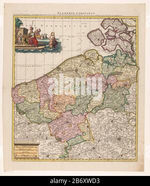 Kaart van het graafschap Vlaanderen Flandriae comitatus in suastoparchias optime distinctus (titel op object) Karte der Grafschaft Flanderns. Die Überschrift über der Karte. Unten links eine Kartusche mit vier Polen Skala: 3 3/4 Milli Aria Germanica Communia / 5 Milli Aria Gallica Sive Horae Itineris, und zwei weitere. Über der Kartusche ein Rahmen mit Legende. Oben links eine Aufführung mit Minerva und Neptun in den Armen der Grafschaft Flanderns. Die Karte verfügt über ein Koordinatenraster und eine Gradverteilung entlang der randen. Hersteller : Druckmaschine: Anonymer Herausgeber: Peter Schenk (I) (denkmalgeschütztes Gebäude) prov Stockfoto