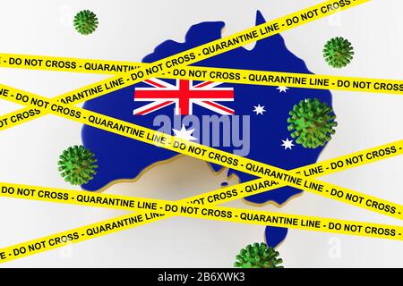2019-ncov Flur oder Coronavirus mit Australien Karte. Coronavirus aus china. 3D-Rendering Stockfoto