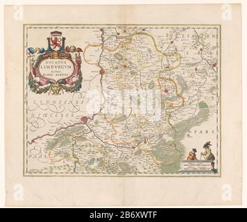 Kaart van het hertogdom Limburg-Ducatus Limburgum (titel op object) Karte des Herzogthums Limburg-Stadt. Oben links die Titelkartusche mit den Oberarmen des Herzogthums Limburg-Stadt. Unten rechts eine Kartusche mit zwei Hüllenpfosten: 2 Milli Aria Gallica / 1 1/2 Milli Aria Germanica. Die Karte wird mit einer Gradskala entlang der Kanten geliefert. Mit lateinischem Text auf Verso. Hersteller : Druckereihersteller: Anonymer Kartograf: Ägidius Martini (erstes halbes 17. Jahrhundert) (denkmalgeschützter Bauverleger John Janssonius (zurückgewiesene Zuschreibung) Verleger John Janssonius von Waesberge (I) Ort Herstellung: Kartograf: Antwerpen Stockfoto