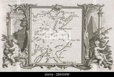 Karte des aktuellen Tunesiens und Ostalgeriens in einem Zierrahmen. Oben links die Stadt Hippo, Karthago rechts. Auf beiden Seiten Putti, der mit einem Kompasspaar und einem Globus, der andere mit einem Fernglas und einem Armillarium. Im linken Hintergrund eine klassische Gebäude- und Gartenvase, rechts im Hintergrund ein piramide. Hersteller : Druckmaschine, Noah van der Meer (II) (denkmalgeschütztes Gebäude) Ort Herstellung: Leiden Datum: 1751 - 1822 Physische Merkmale: Radierung; Text in der Briefpresse auf Versomaterial: Papiertechnik: Radierung / Briefmaschinenabmessungen: Blatt: H 105 mm × W 167 mm Betreff: Stockfoto
