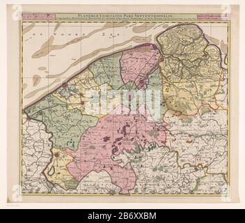 Kaart van het noordelijk deel van het graafschap Vlaanderen Flandriae comitatus pars septentrionalis begreift (titel op object) Karte des nördlichen Teils der Grafschaft Flanderns. In einem Balken über der Karte, im mittleren Titel. Hinterließ ihnen eine Legende. Rechts neben den beiden Titelmaßstäben: 1 1/2 hässliche Duytsche Meilen von 15 in einem Level / 2 französische Mylen oder zu Hours Gaans von 20 in einem Level. Die Karte verfügt über ein Koordinatenraster und Gradenverdelung. Hersteller : Druckereiunternehmen: Anonymer Verleger: Nicolaes Visscher (I) (denkmalgeschütztes Gebäude) Herausgeber: Nicolaes Visscher (II) (denkmalgeschütztes Gebäude) Herausgeber: Witwe Stockfoto