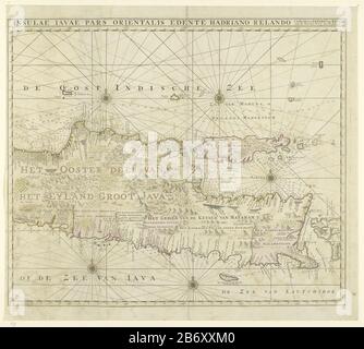 Kaart van het oostelijk deel van Java Insulae Javae pars orientalis Edotte Hadriano Relando (titel op object) Karte von Ostjava. Ein Blick vom Wasser auf die Batavia. Es sind fünf Windrosen und topographische Kartendetails angebracht: Reisfelder, Berge, Tierwelt usw. Mit der Insel Madura. Für die Schale siehe linke Hälfte. Rechte Hälfte einer Karte der gesamten Insel Java. Hersteller : Kartograf: Adriaan Reeland (denkmalgeschütztes Gebäude) Druckereiunternehmen Jacob Keyser (denkmalgeschütztes Gebäude) Herausgeber: Gerard van Keulen (denkmalgeschütztes Gebäude) Künstler: Ludwina Konst Place Herstellung: Amsterdam Datum: 1728 Ma Stockfoto