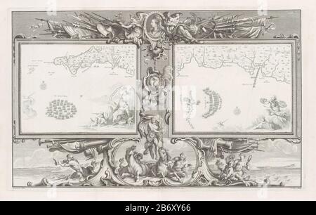 Kaarten van de Spaanse Armada (16. En 21. juli 1588) Zwei Karten (I-II) mit der spanischen Flotte im Kanal der Küste von Cornwall und Devon, in einem Zierrahmen. Oben im Rahmen ein Medaillon mit dem Porträt von Königin Elisabeth I., das von der Personifikation von Geschichte und Ruhm flankiert wird und zwischen den Waffen (Speere, Schilde, Banner) sitzt. Unter dem Medaillon hängt eine Kartusche mit dem Anker der Hoffnung, dem Arm der britischen Admiralität, umgeben von den vier Winden. Unter Neptun in seinem Wagen von zwei Pferden gezogen und von zwei Männern mit Fischschwänzen begleitet. In der rechten Ecke des l Stockfoto