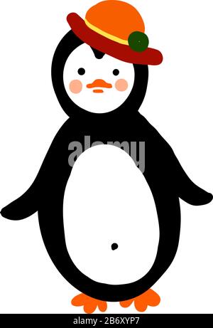 Penguin mit rotem Hut, Illustration, Vektor auf weißem Hintergrund. Stock Vektor