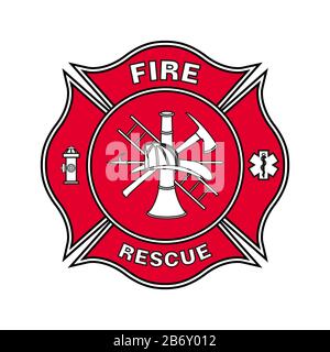 Feuerwehr-Emblem St. Florian Malteserkreuz Rot mit schwarzem Umriss Stock Vektor