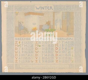 Kalenderblad voor Winter 1903-1904/05 van de Verzekering-Maatschappij Holda in Amsterdam EIN rechteckiger Rahmen, der mit den Tagen der Monate Dezember, Januar und Februar gefüllt ist und über einem Bauern und seiner Frau, die bei einem Brand mit einer ihrer Katzen sitzen. In der Türöffnung sehen eine Katze, zwei Männer in einem stabilen Arbeitszijn aus. Hersteller: Druckmaschine: Ferdinand hart Nibbrig (persönlich unterzeichnet) Datum: Am oder vor 1903 Material: Papiertechnik: Farblithograph (Prozess) Abmessungen: Blatt: H 393 mm × W 485 mmToelichtingOok die anderen Blätter des Kalenders befinden sich in der Sammlung, die Zahlen beziehen sich auf R Stockfoto