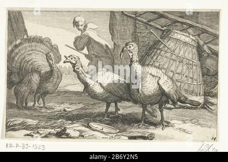 Kalkoenen Dieren (Serietitel) drei Truthähne, die um einen Hof herumlaufen. Drucken Sie eine Serie von 14 Ausdrucken mit verschiedenen nativen dieren aus. Hersteller: Druckmaschine: Frederick Bloemaert zur Zeichnung von Abraham Bloemaert Herausgeber: Nicolaes Visscher (I) Anbieter von Privilegien: States General (Listed Property) Ort Herstellung: Druckmaschine: Utrechter Verleger: Amsterdam Datum: Nach 1635 - 1670 Physische Merkmale: Engras- und Ätzmaterial: Papiertechnik: Engraa (Druckverfahren) / Etch-Abmessungen: Blatt: H 95 mm × W 153 mm Betreff: Wanderer und Läufervögel: Türkei Stockfoto