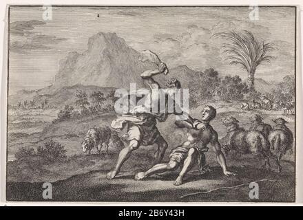 Cain tötet Abel Immobilientyp: Bild Artikelnummer: RP-P-1896-A-19368-2004Katalogisreferentie: Van Eeghen 2969 Aufschriften / Marken: Sammlermarke, umgekehrtes unteres Zentrum, gestempelt: Lugt 2228 Hersteller: Druckhersteller Jan Luyken Herausgeber: Pieter Mortier (I) (Mode) Ort Herstellung: Ätztechnik: Haarlem Herausgeber Merkmale: Abmessungen: 1703: Abmessungen: Abmessungen: Abmessungen des Papiers: Abmessungen: Abmessungen: Abmessungen: Abmessungen: Abmessungen: Abmessungen: Abmessungen: Abmessungen: Abmessungen: Abmessungen: Abmessungen: Material: Blatt: H 104 mm × W 153 mmToelichtingProefduk eine Buchillustration für David Martin. Geschichte des Alten und neuen Testaments. Amsterdam, Pieter Mortier, 1703. Teil I. Das Buch i. Stockfoto