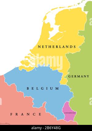 Benelux-Einzelstaaten politische Karte. Region gebildet aus den Ländern Belgien, Niederlande und Luxemburg. Stockfoto