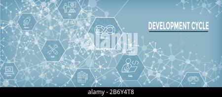 Entwicklungsvorgänge und Lebenszyklus - DevOps Symbol mit Prozess, Build usw. Stock Vektor