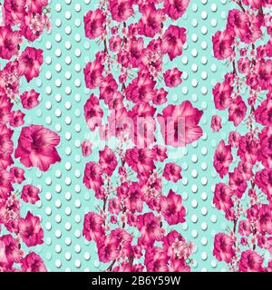 Nahtloses Muster aus rosafarbenen Blumen mit weißen Polka Punkten. Einfarbiger Blumenhintergrund. Modischer Druck. - Abbildung Stockfoto