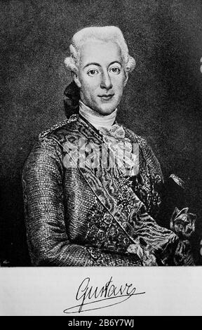 Gustav III, 24. Januar 1746-29. März 1792 aus dem Herzoglichen Haus Schleswig-Holsteinisch-Gottorf) war König von Schweden von den Jahren von 171 bis 173 / Gustav III., 24. Januar 1746-29. März 1792, aus dem Herzoghaus Schleswig-Holstein-Gottorf, Krieg von 171 bis 173 König von Schweden, historisch, digital verbesserte Wiedergabe eines Originals aus dem 19. Jahrhundert / Digitale Produktion einer Originalanlage aus dem 19. Jahrhuntert, Stockfoto