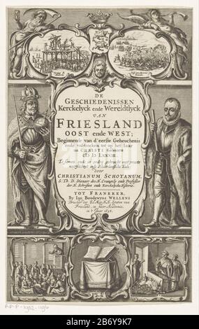 Karel de Grote en Willem i van Oranje Titelpagina voor Christiaan Schotanus, De Geschiedenissen Kerckelyck ende Wereldtlyck van Friesland Oost ende West, 1658 Karl der große mit Heavy d und Orb und William I. von Orange baten eine Kartusche mit dem Titel des Buches. Mitte über den bekrönten Armen Frieslands und zwei Kartuschen mit Hinrichtungen auf dem Gerüst und einer Kavallerienkämpfe. Linke und rechte Vaterzeit mit Schythe und Sanduhr mit Fama und Trompete. Unten drei Kartuschen mit einer Predigt in einer Kirche, einer offenen geschlagenen bibel und verängstigten Monks bei einer gefallenen tafel. Hersteller: Prin Stockfoto