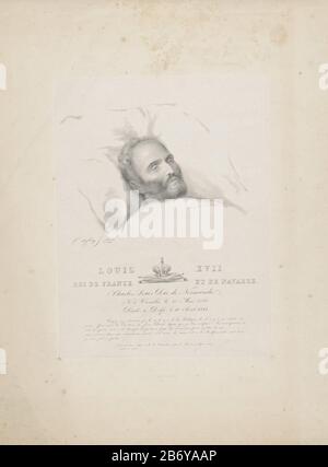 Karl Wilhelm Naundorff op zijn dodsbed Louis XVII Roi de France et de Navarre (titel op object) Der Tote, der auf einem Bett mit der Decke oben unter seinem Kinn lag. Seine Augen sind halb offen. Unter dem Porträt der Name von König Louis XVII und Regalia. Karl Wilhelm Naundorff behauptete fälschlicherweise, der Verlorene König von Frankreich Louis XVII. Zu sein. Unter dem Namen Geburt und Tod ist ein Auszug aus einem Brief, den er einige Monate vor seinem Tod geschrieben hat. Hersteller : Druckerhersteller Cornelis de Cocq (denkmalgeschütztes Gebäude) Herausgeber: De la Barre (denkmalgeschütztes Eigentum) Ort Herstellung: Niederlande Datum: Aug. 12 229 Physische Merkmale: Lit Stockfoto