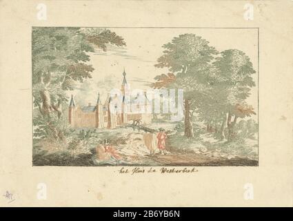 Kasteel Westerbeek Het Huis te Westerbeek (titel op object) Landschaft mit hohen Bäumen und Blick auf das 1800 abgerissene Schloss Westerbeek den Haag. Ein Pfad, der sich schleuderte, sind zwei Männer, die miteinander sprechen. Neben dem Pfad, der von einem großen Baum beschattet wird, sitzen zwei Vrouwen. Hersteller : Druckerhersteller Cornelis ElandtsPlaats Herstellung: Den Haag Datum: 1663 - 1670 Physikalische Merkmale: Gegendruckradierung à la poupée in grün, blau, rot, braun, orange und schwarz Material: Papiertechnik: Gegendruck / à la poupée / Ätzmaße: Blatt: 142 mm × h 203 b mm Betreff: Landschaft mit Turm oder Schloss, wo: Stockfoto